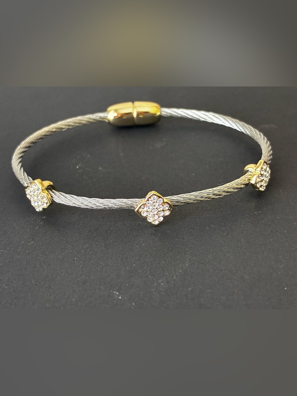 Gold Plated/Gold and Silver Pavé Clover Cable Bracelet -  Magnetic Closure